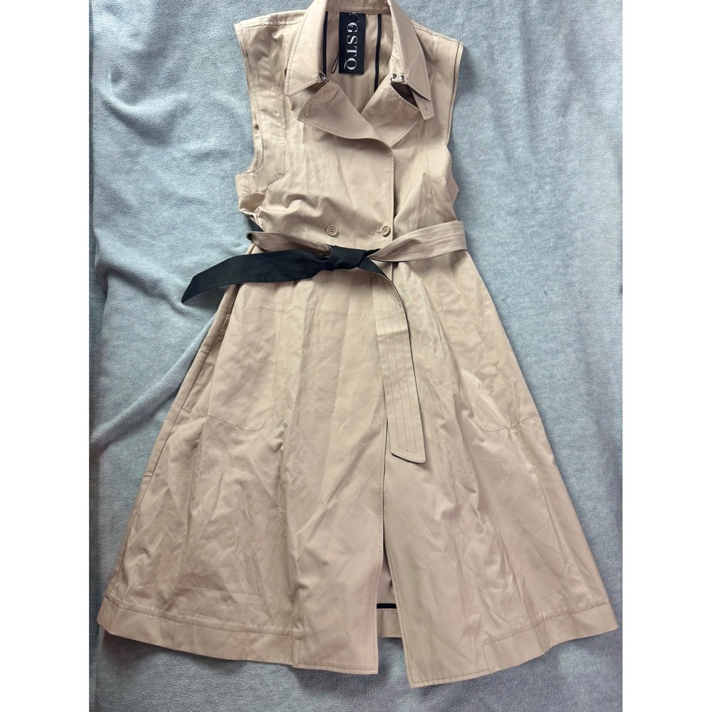 GSTQ Womens Sleeveless Trench Coat Dress NWOT Beige Utility Y2K Belted Size L